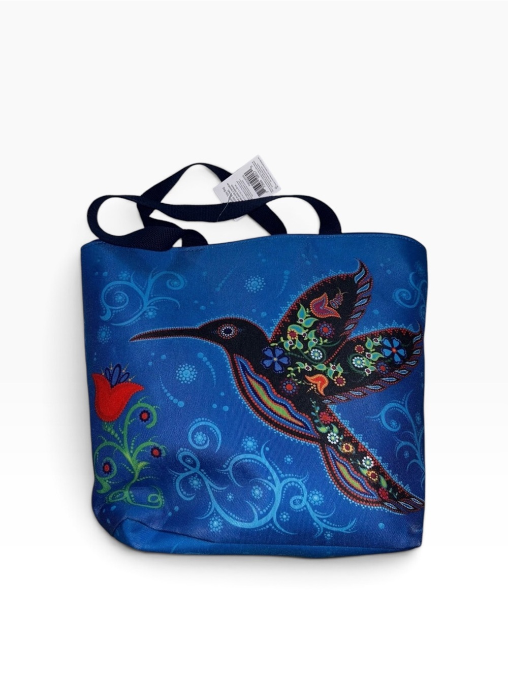 Blue Hummingbird Floral Tote Bag with Black Straps